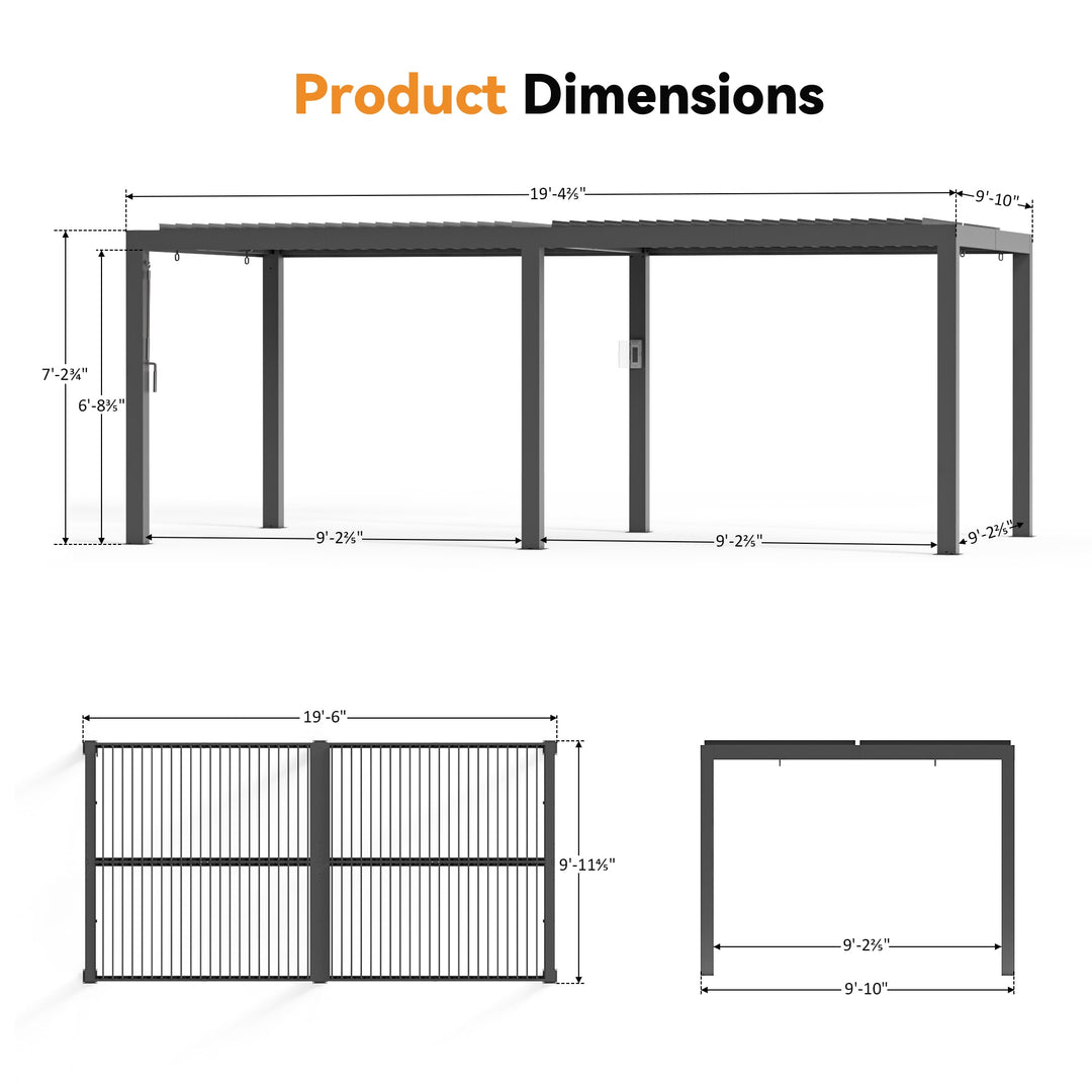 10'x20' Aurora Metal Pergola with Adjustable Louver (Curtains & Nettings Included)