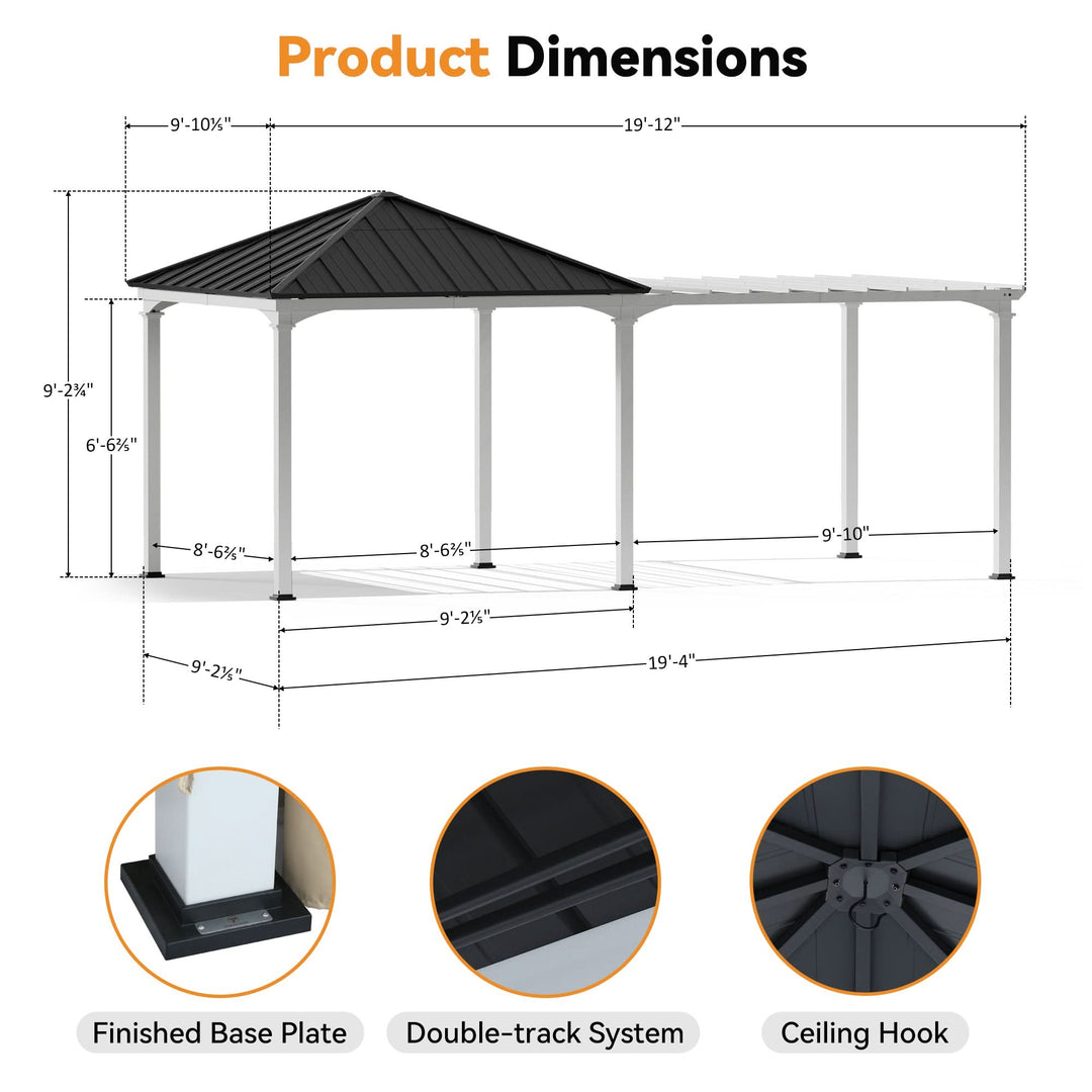 10'x20' Sunrise Coast Metal Hardtop Gazebo with Hybrid Pavilion + Pergola Design