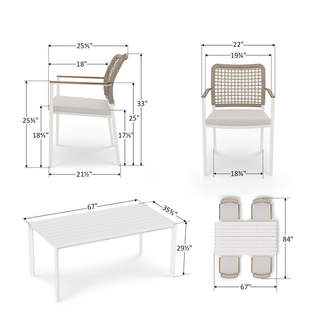 5-Piece Aluminum Outdoor Dining Set with Rope Chairs