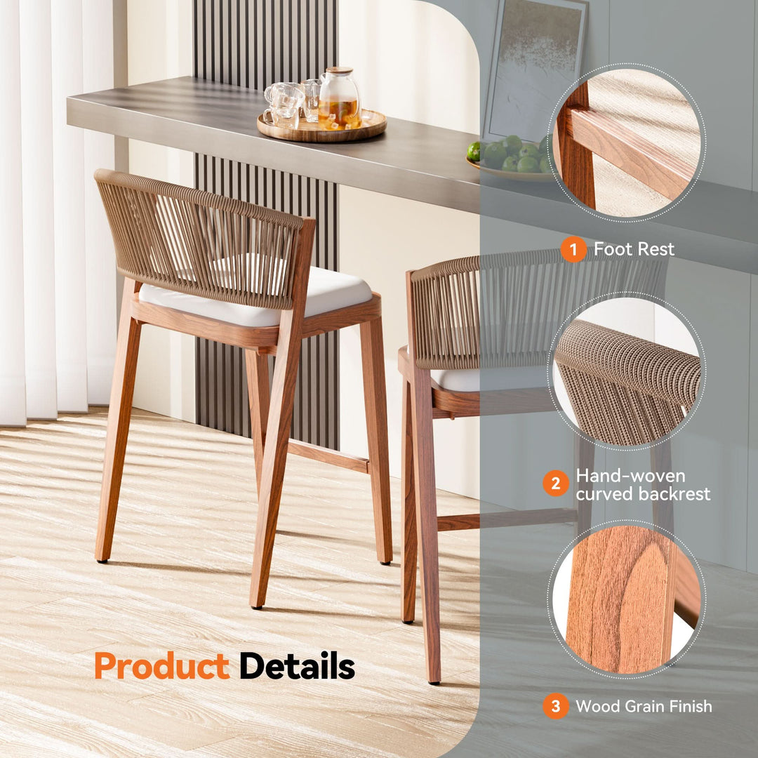 26 4/5" Thekenhocker mit handgeflochtener Seil-Rückenlehne, 2er-Set